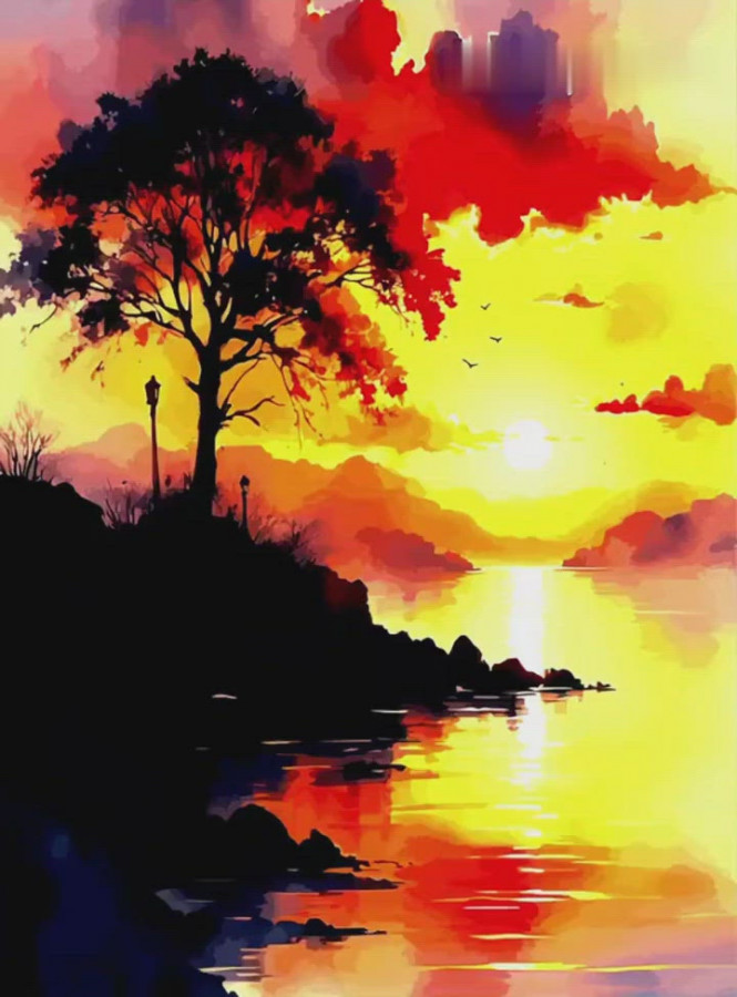 癒しの水彩画1127 sunset Vibrant Sunset Over Ocean Waves and Colorful Sky – Leon Devenice